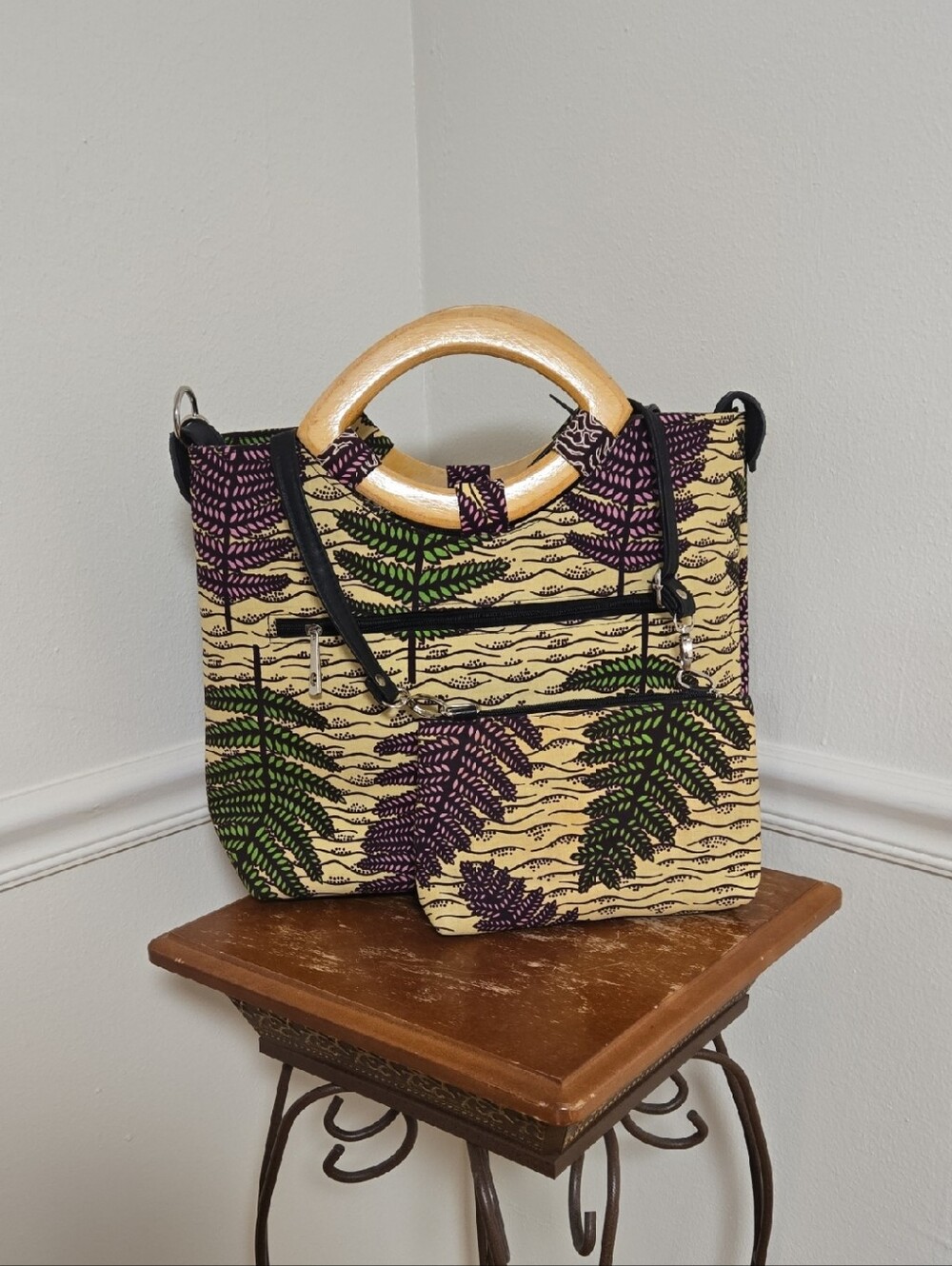 Leaf-Print Tote with Wooden Handles in Cream, Purple & Green